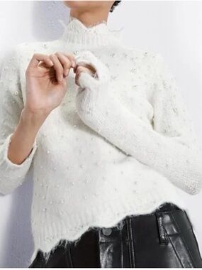 Zara White Pearl-Embellished Mock Neck Sweater